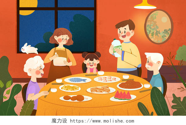 全家开心团圆吃饭中秋中秋节插画素材背景